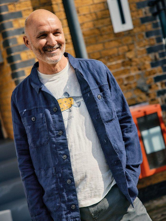 man wearing blue shirt and printed t-shirt